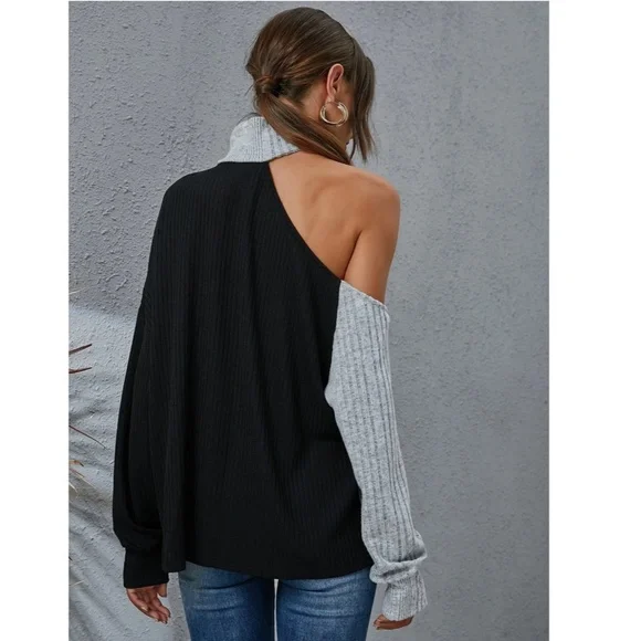 Colorblock Grey and Black Long Sleeve Tee Shirt Rib Knit Cut Out One Shoulder - Picture 2 of 9